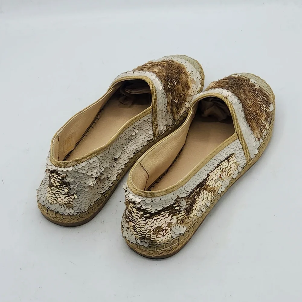 ANDREW STEVENS Chiara Leather Sequins Espadrilles Flats Gold And Cream 37 / 6.5